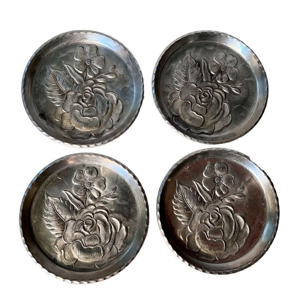 4 Vintage EVERLAST Forged Aluminum Floral Rose Dogwood Pattern Coasters MCM